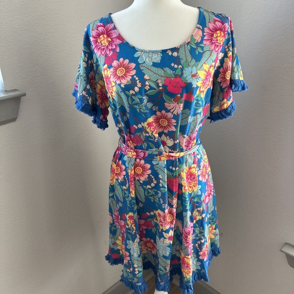 Umgee USA Dress Womens Large Blue Tropical FloralTassel Fringe Hem Flutter Swing